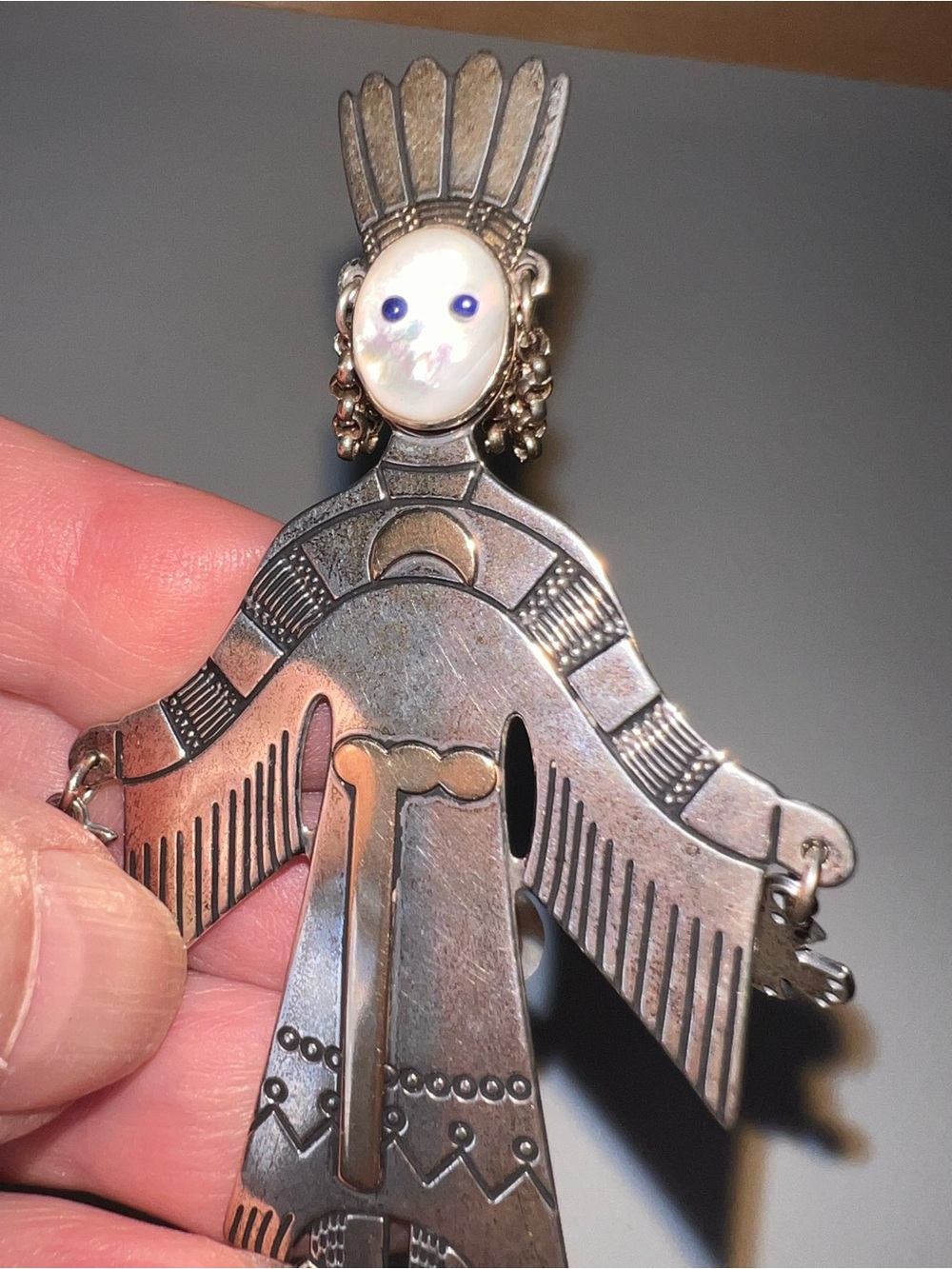 Sterling Silver Goddess Pendant with Shell Face and 14K Gold Accents